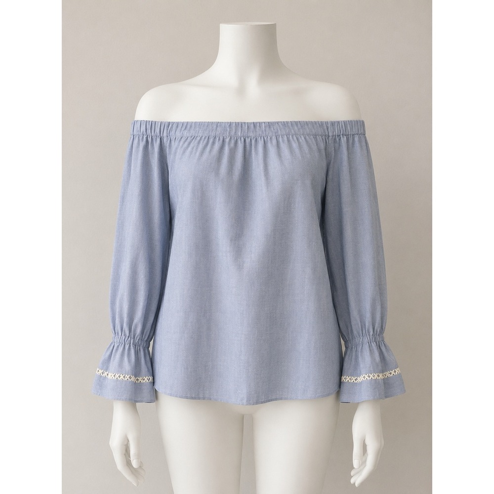 Alice & Trixie Off The Shoulder Cotton Blouse Blue White Ruffle Cuff Small
